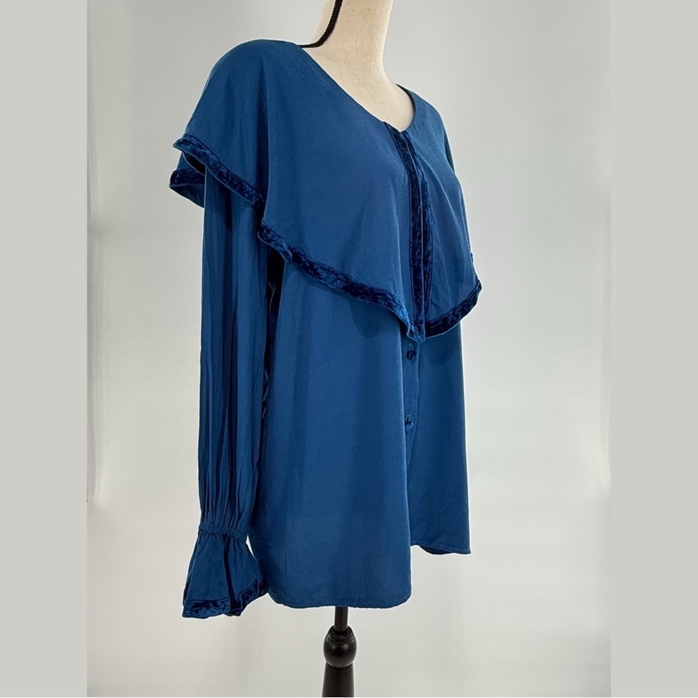 Hairston Roberson Ropa Blue Rayon Blouse Velvet Trim Ruffle Sleeve Women’s Large - Picture 4 of 10
